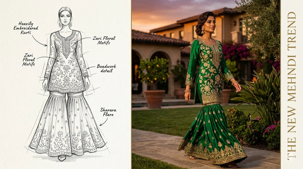Heavily embroidered Sharara suit for NRI Mehndi ceremony in USA