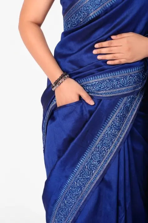 BharatPlaza Blue Silk Saree with Zari Border and Hidden Pocket