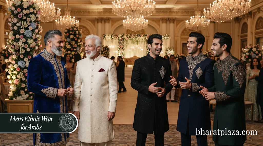 Luxury Indian menswear for Arab weddings featuring sherwanis and Jodhpuri suits by Designer Lalit Khatri