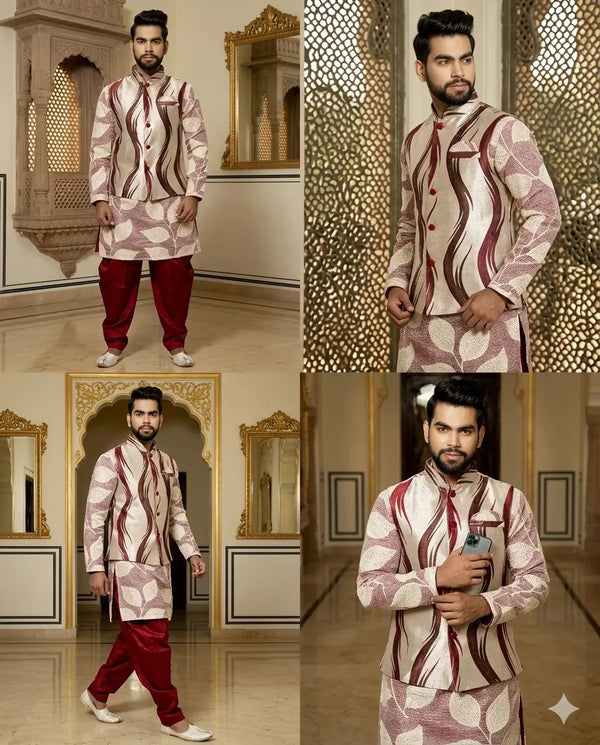 Designer Multi Shade Kurta Pyjama with Multi Color & Maroon Modi Jacket