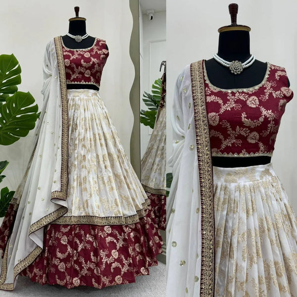 Panetar bridal lehenga white and maroon jacquard lehenga with sequins work wedding wear BharatPlaza