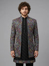 T Blue satin embroidered Jacket Jodhpuri for groom reception in luxury Indian weddings in London.