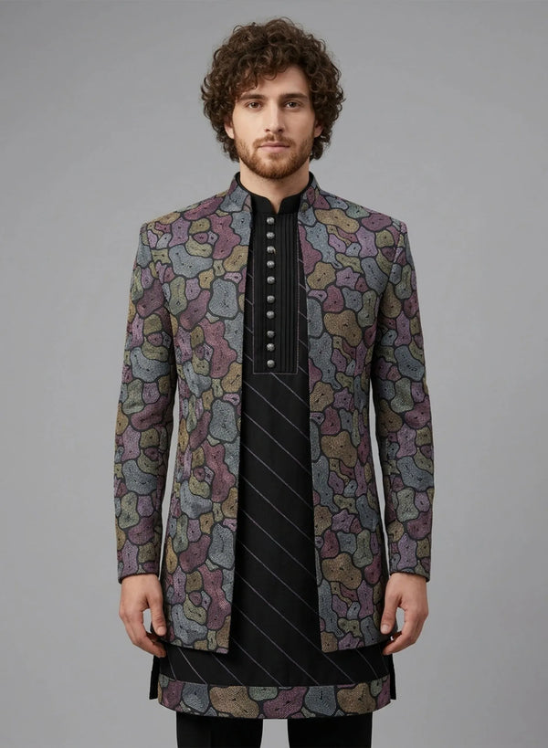 T Blue satin embroidered Jacket Jodhpuri for groom reception in luxury Indian weddings in London.