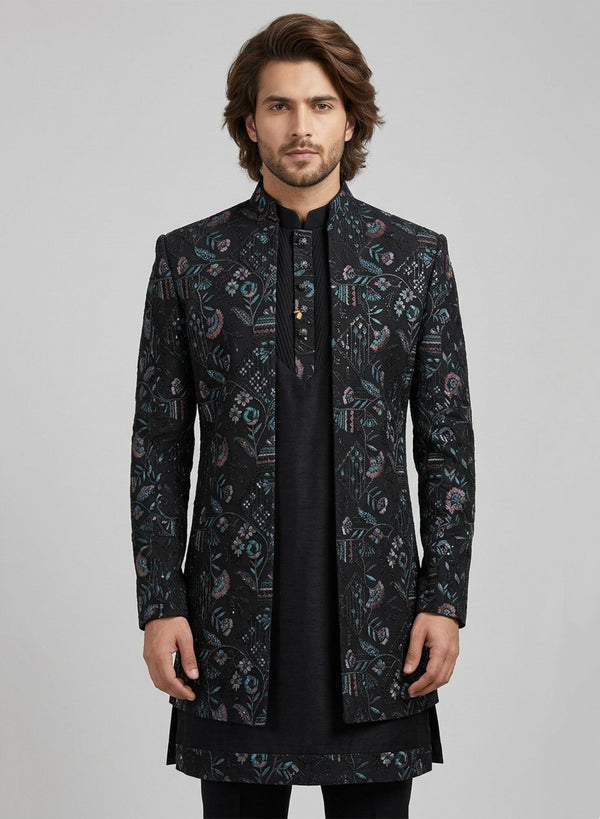 Black silk embroidered Jacket Jodhpuri for groom and fathers at luxury London Indian weddings