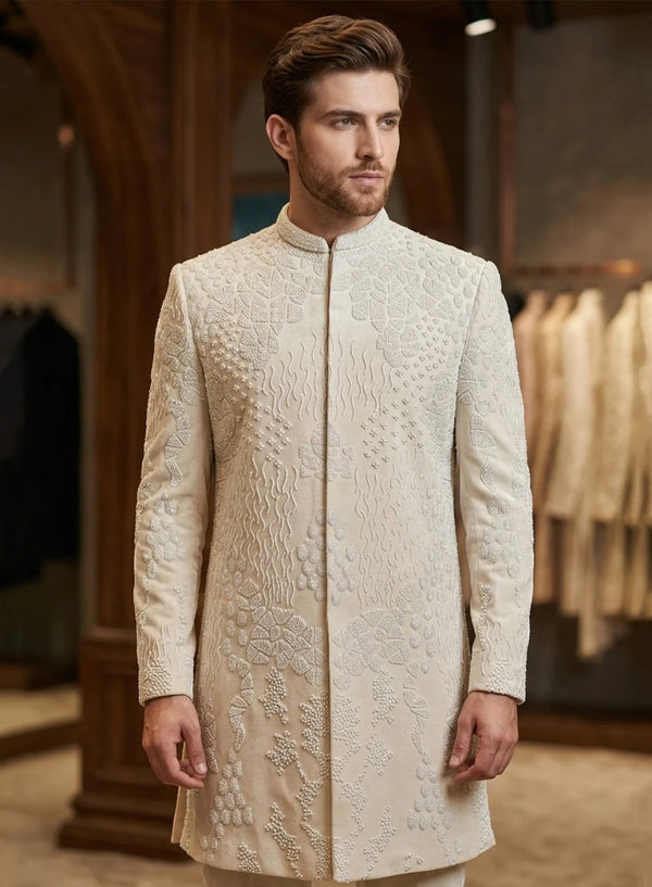 Luxury Ivory Premium Suede Groom Indo-Western Reception Wear London SIJ7897