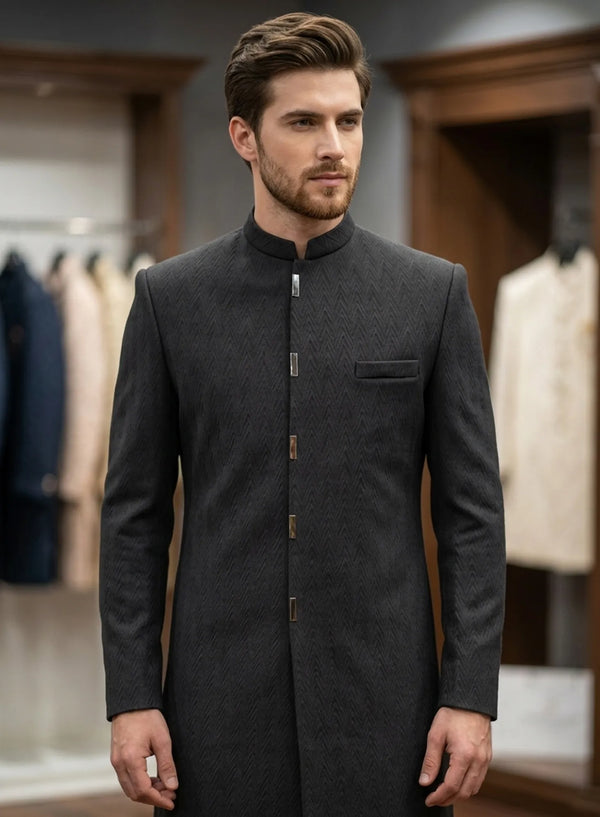 Luxury Black Imported Jacquard Indo Western Suit for Groomsmen in London, UK | BharatPlaza