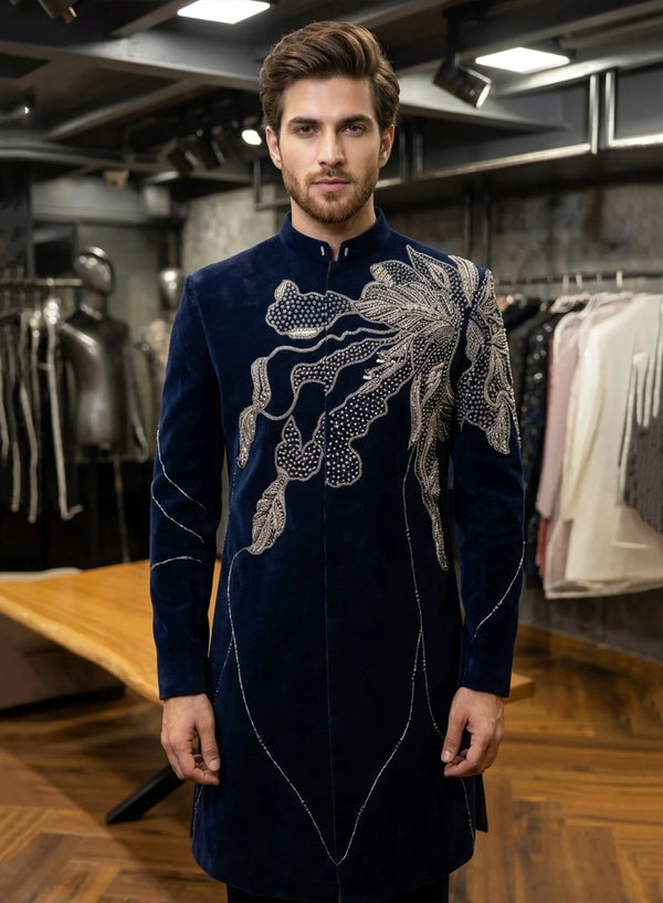 Luxury Navy Blue Flock Velvet Groom Indo-Western with Crystal Embroidery in London Wedding Reception