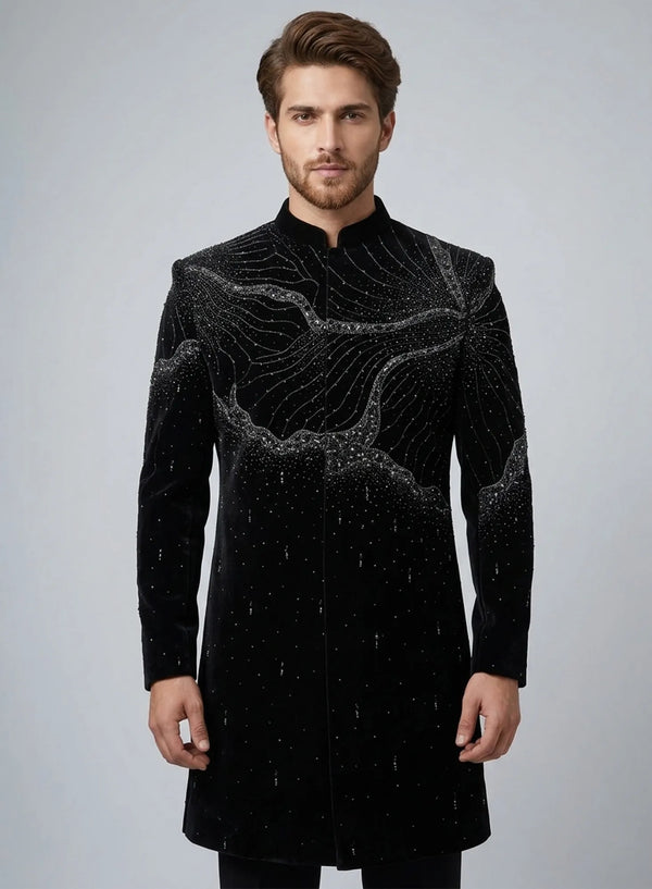 Luxury Black Velvet Indo-Western for Groom Reception in London | BharatPlaza SIJ7951