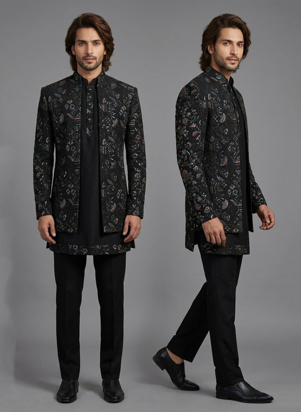 Luxury black layered Jodhpuri with V-neck inner jacket for groom and father in Toronto weddings