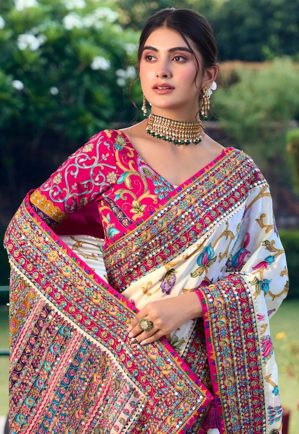 White Pink Premium HO Designer Saree paired with a heavy readymade blouse for wedding & festive wear | BharatPlaza