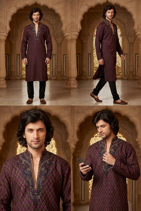 Black Resham Self Brocade Kurta with Embroidered Neckline