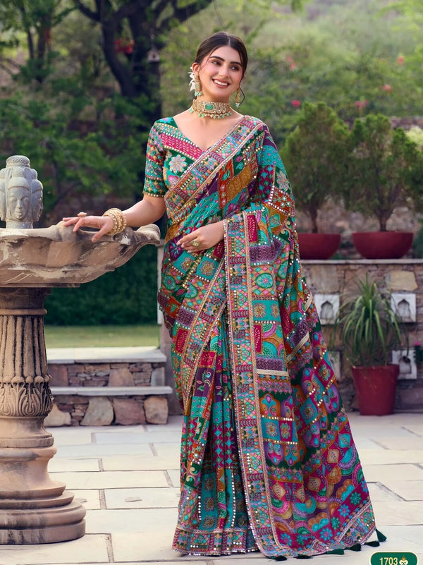 Vibrant Multicolor Premium HO Designer Saree showcasing exquisite handwork rich borders for wedding wear | BharatPlaza