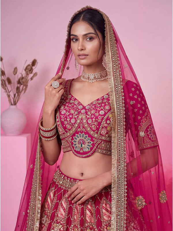 Rani Pink Gadhwal Silk Bridal Lehenga featuring exquisite dabka handwork for luxury wedding & festive wear | BharatPlaza