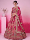 Rani Pink Gadhwal Silk Bridal Lehenga highlighting a beautifully detailed softnet dupatta for wedding wear | BharatPlaza