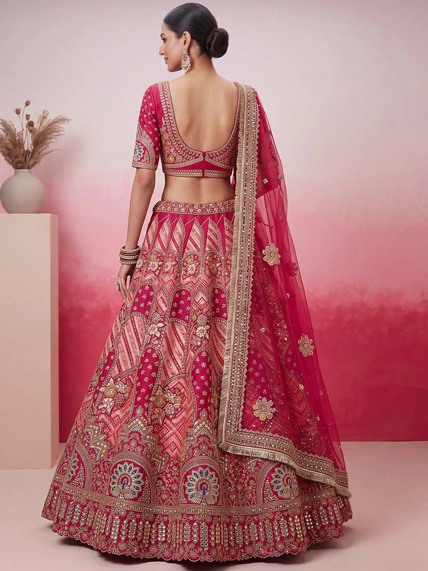 Rani Pink Gadhwal Silk Bridal Lehenga showing close-up intricate skirt embroidery for luxury wedding wear | BharatPlaza