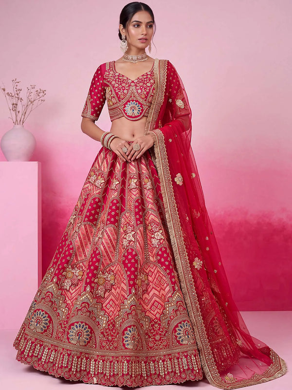 Rani Pink Gadhwal Silk Bridal Lehenga showcasing stunning back embroidery for luxury wedding & festive wear | BharatPlaza