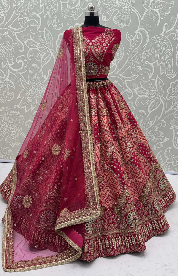Rani Pink Gadhwal Silk Bridal Lehenga highlighting a stunning softnet dupatta drape for luxury bridal wear | BharatPlaza