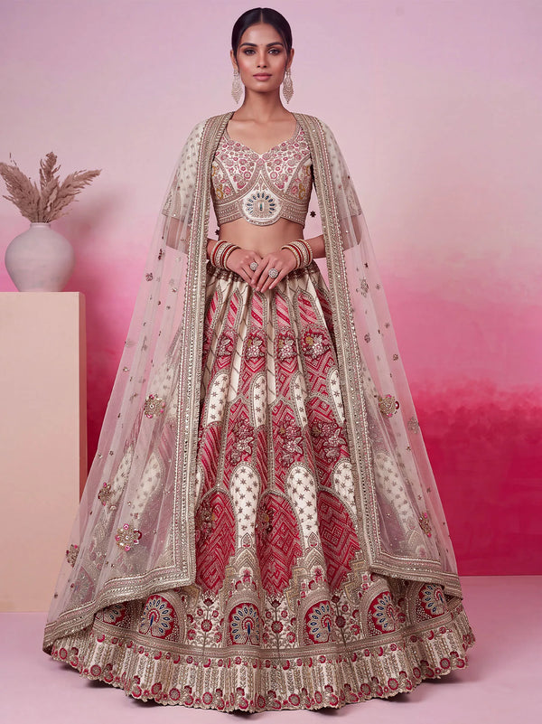 Ivory Red Gadhwal Silk Bridal Lehenga highlighting exquisite softnet dupatta with heavy lace work | BharatPlaza