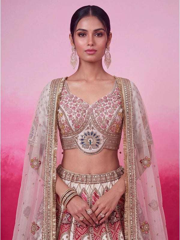 Ivory Red Gadhwal Silk Bridal Lehenga displaying beautiful unstitched heavy blouse fabric pieces | BharatPlaza