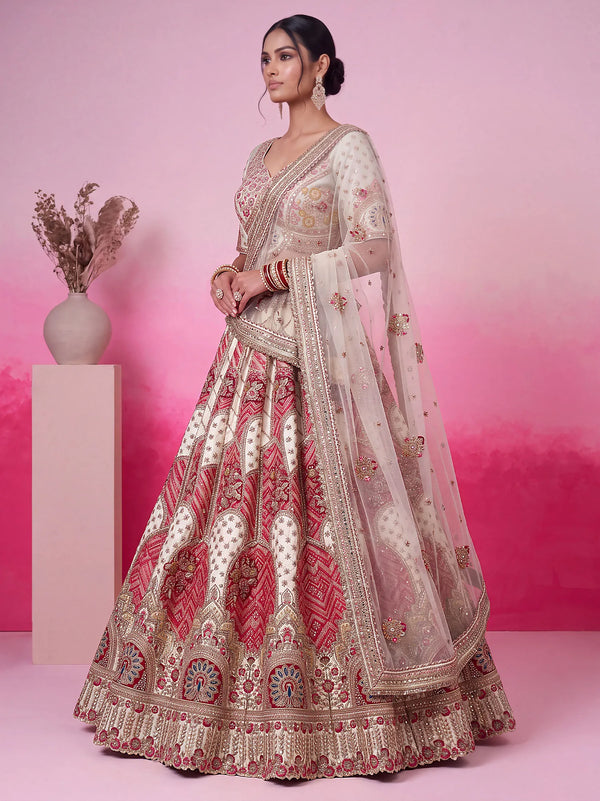 Ivory Red Gadhwal Silk Bridal Lehenga showcasing a magnificent wide flare design for luxury weddings | BharatPlaza