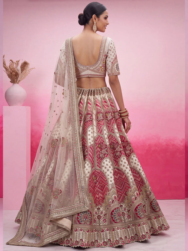 Ivory Red Gadhwal Silk Bridal Lehenga featuring exquisite dabka handwork for luxury wedding celebrations | BharatPlaza