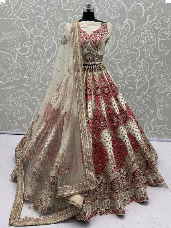 Ivory Red Gadhwal Silk Bridal Lehenga detailing rich gota patti and mirror work for luxury bridal attire | BharatPlaza
