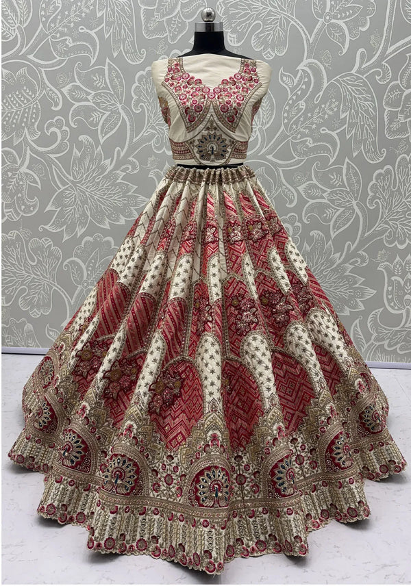 Ivory Red Gadhwal Silk Bridal Lehenga showcasing heavily embroidered patchwork for luxury bridal weddings | BharatPlaza