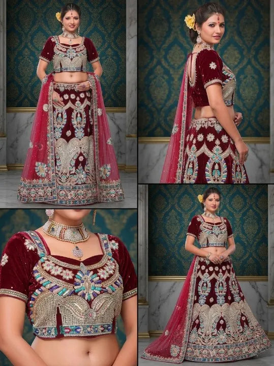 Maroon Wine-colored wedding lehenga with zardozy dabka work shop online