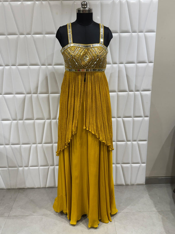 Mustard Gold Silk Indo Western Set for Dubai UAE Haldi Celebration