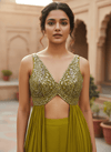 Olive Gold Silk Indo Western Set for Dubai UAE Haldi Celebration