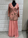 Blush Pink Embroidered Silk Long Choli Palazzo Set for Women | Indo Western