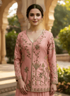 Blush Pink Embroidered Silk Long Choli Palazzo Set for Women | Indo Western