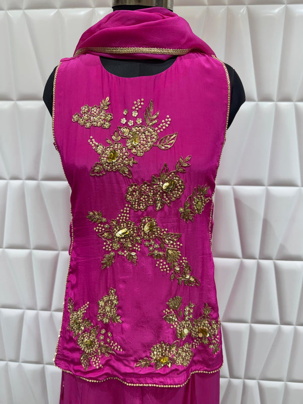 Top Front View Of Hot Pink Indo Western Palazzo Set With Stylish Back Tassel Detailing