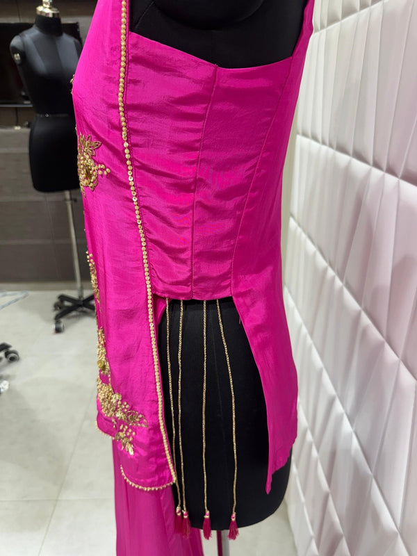 Side View Of Hot Pink Indo Western Palazzo Set With Stylish Back Tassel Detailing