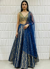 Royal Blue Indo Western Kali Palazzo Set With Mirror Work Top And Net Dupatta