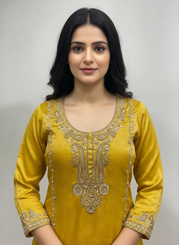 Mustard Gold Tissue Embossed Indo Western Farsi Salwar Suit With Elegant Dupatta in Dubai