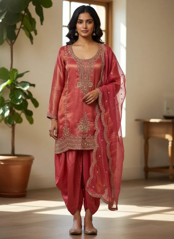 Peach Rose Tissue Embossed Indo Western Farsi Salwar Suit For Wedding Functions In Jaipur