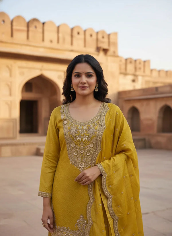 Mustard Yellow Tissue Embossed Indo Western Farsi Salwar Suit For Mehendi Function In Jaipur India