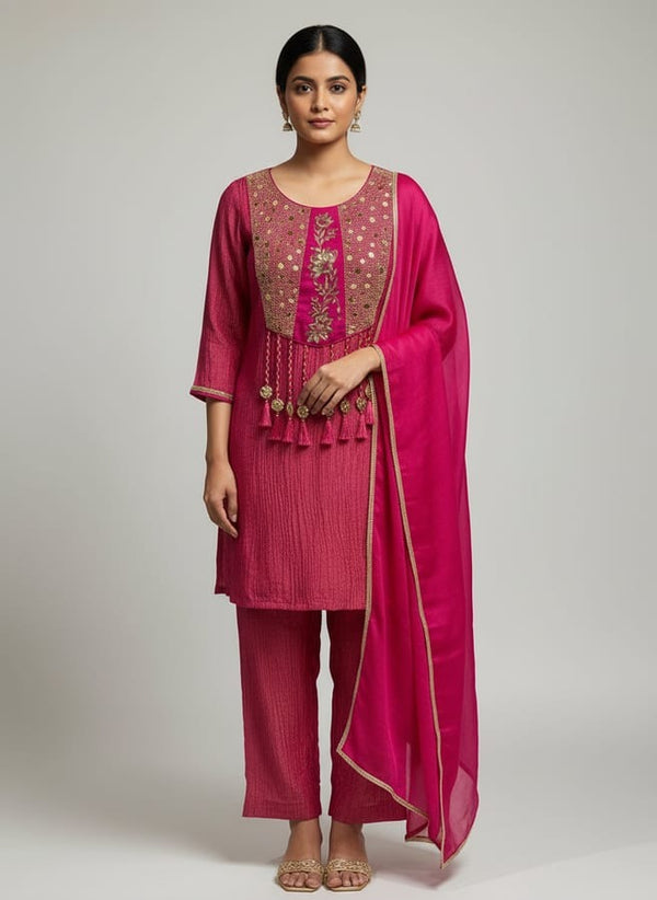 Mumbai, India's Rani Pink Indo Western Farsi Salwar Suit for Wedding Events