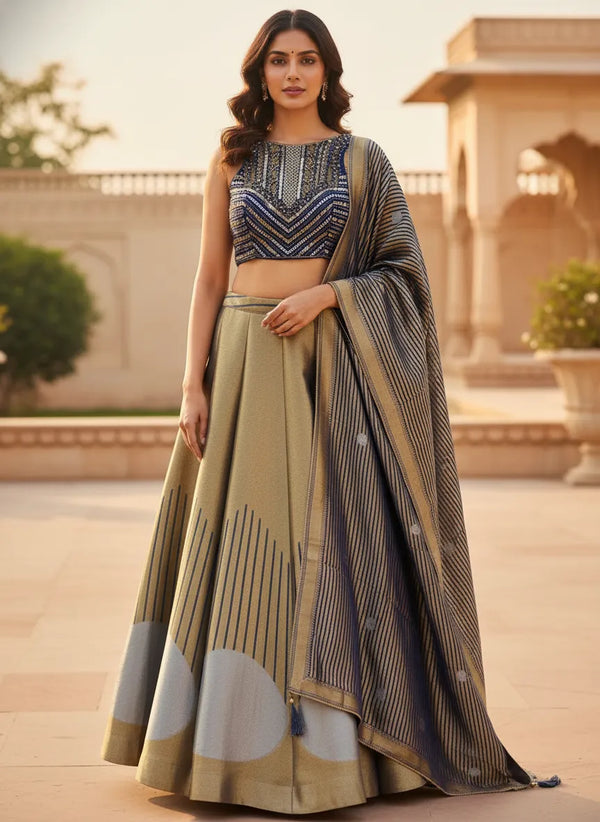 Original Live Navy Blue Metallic Antique Gold Ghagra Choli In California