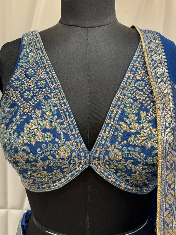 Embroidered Silk V-Neck Choli With Banarasi Dupatta Close-Up View