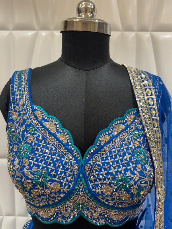 Net Dupatta, Crepe Kali Skirt, with Royal Sapphire Blue Silk Ghagra Choli