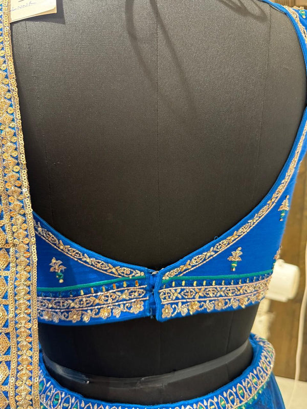 Net Dupatta, Crepe Kali Skirt, with Royal Sapphire Blue Silk Ghagra Choli