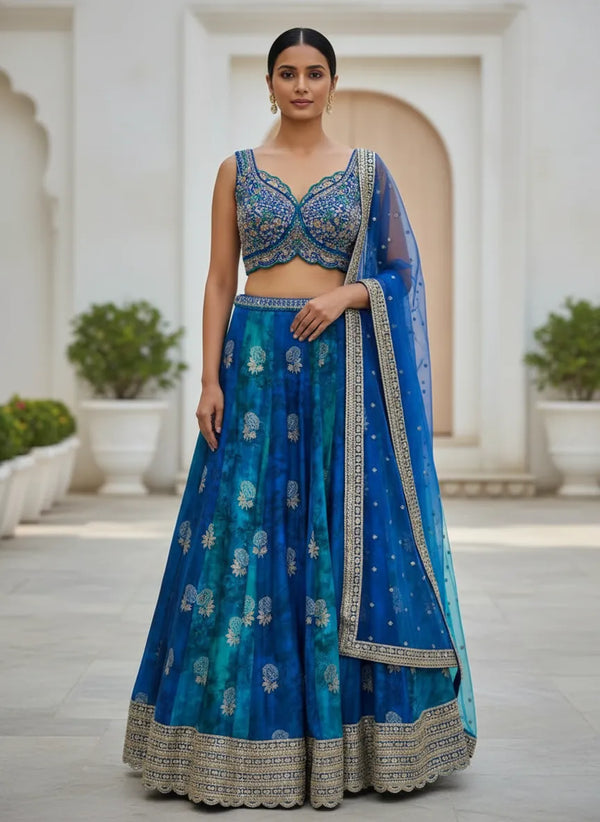 Net Dupatta, Crepe Kali Skirt, with Royal Sapphire Blue Silk Ghagra Choli