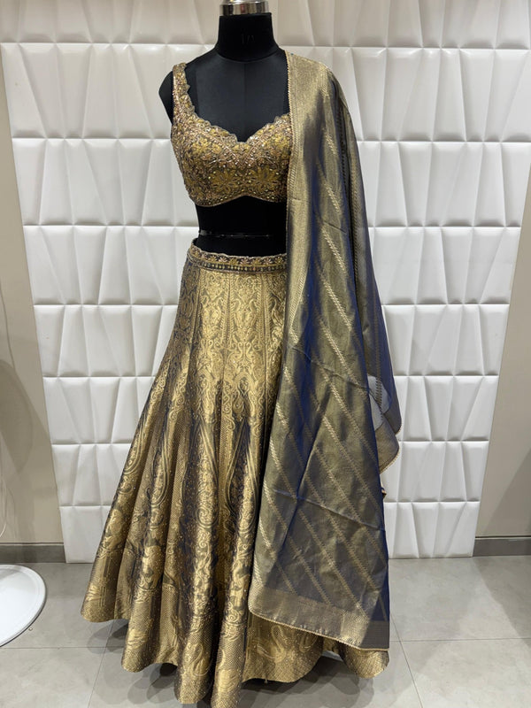 Live Embroidered Tissue Blouse Detail with Metallic Antique Gold Banarasi Ghagra Dallas