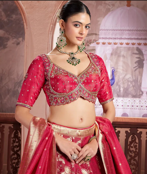 Red tissue silk bridal lehenga choli with zari embroidery for Indian wedding