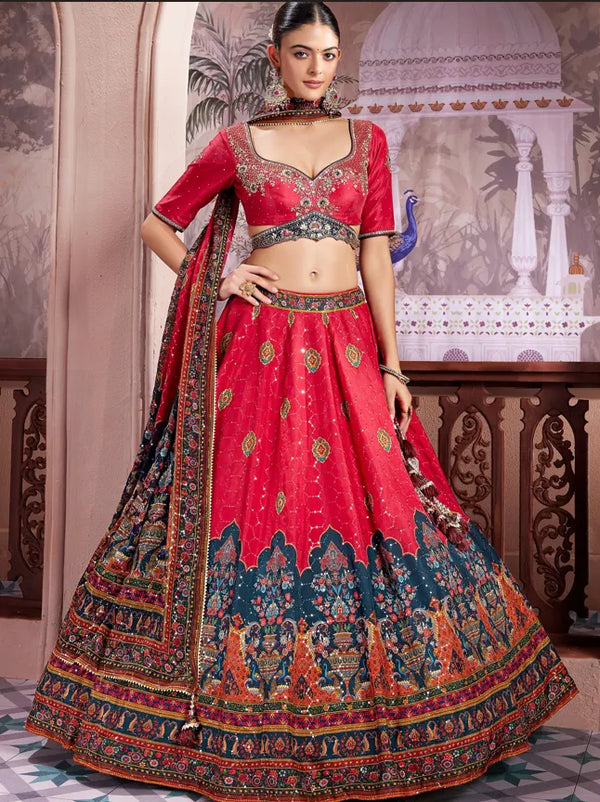 Buy Maroon Printed Silk Lehenga: Exquisite Family Wedding Outfits