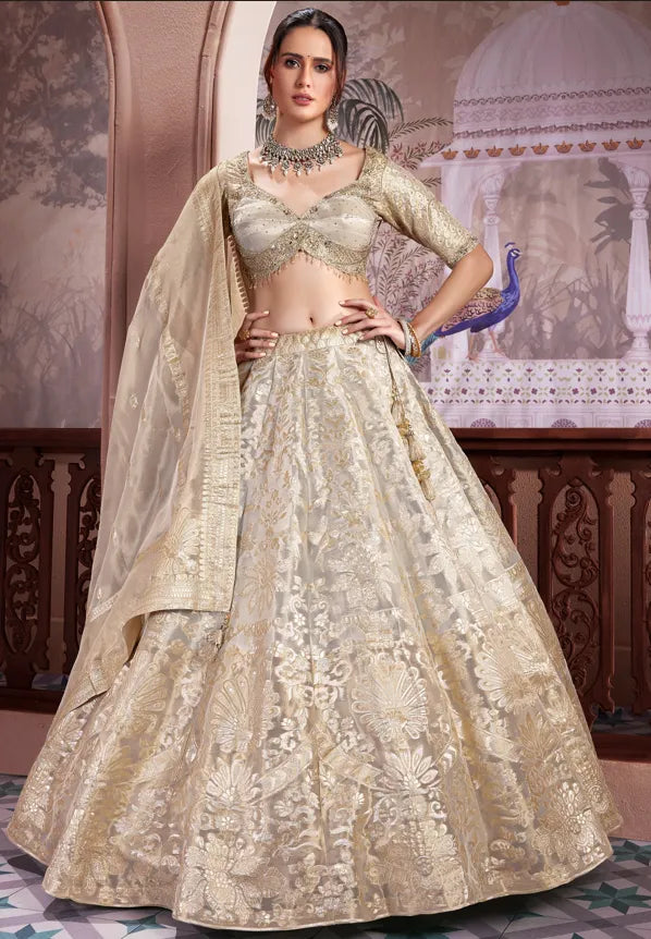 Heritage light gold bridal lehenga for reception look