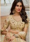 Champagne Gold Banarasi Silk Lehenga highlighting intricate sleeve embroidery for wedding & festive wear | BharatPlaza