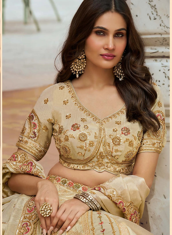 Champagne Gold Banarasi Silk Lehenga highlighting intricate sleeve embroidery for wedding & festive wear | BharatPlaza